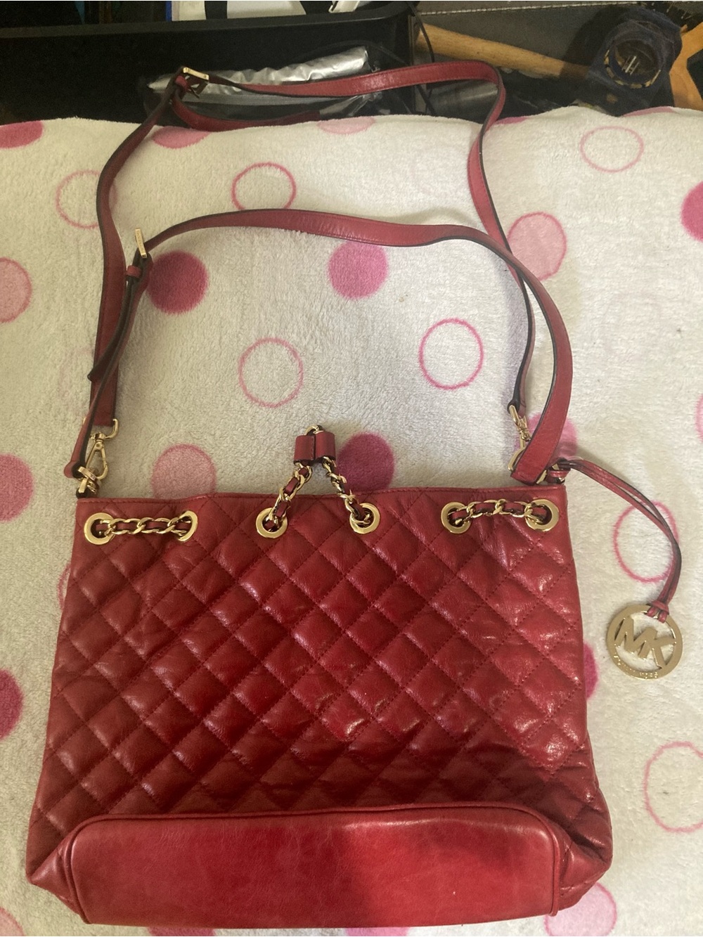 Michael Kors Red Quilted Leather Shoulder Bag with Gold Hardware